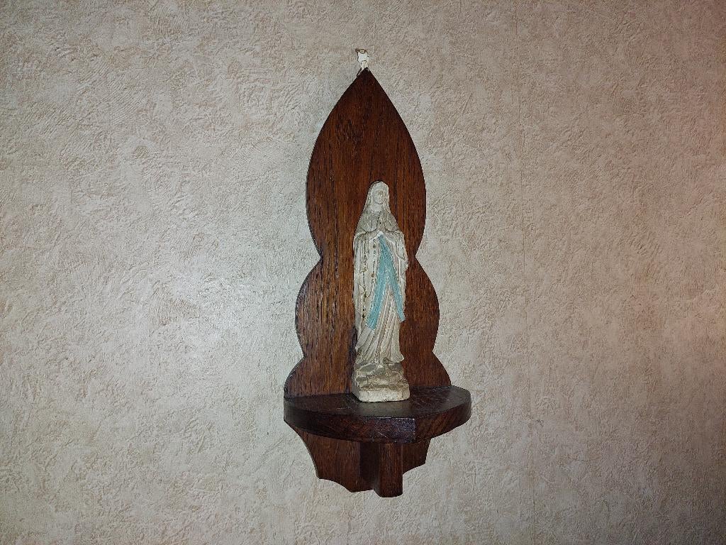 Heilige Maagd Maria met eikenhouten console / 21 cm / Gips, Ophalen