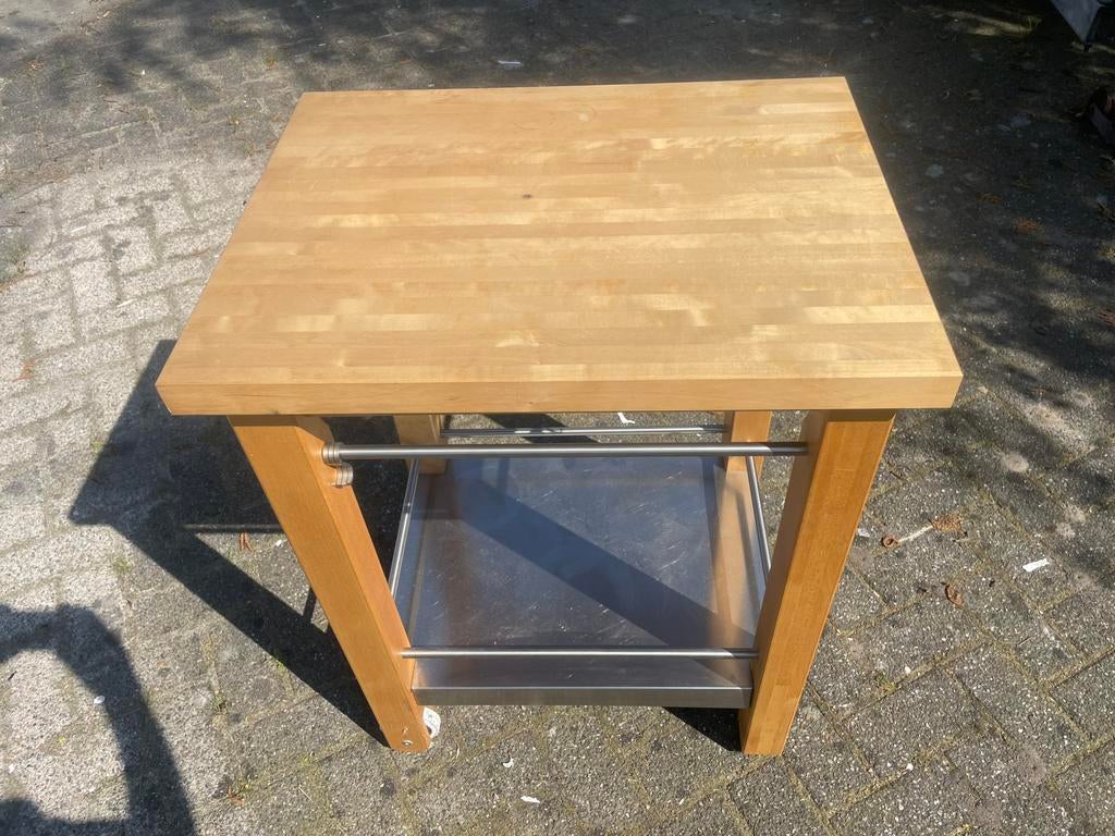 Slagersblok Keukentrolley, Zo goed als nieuw, 60 cm of meer, Rechthoekig, Hout