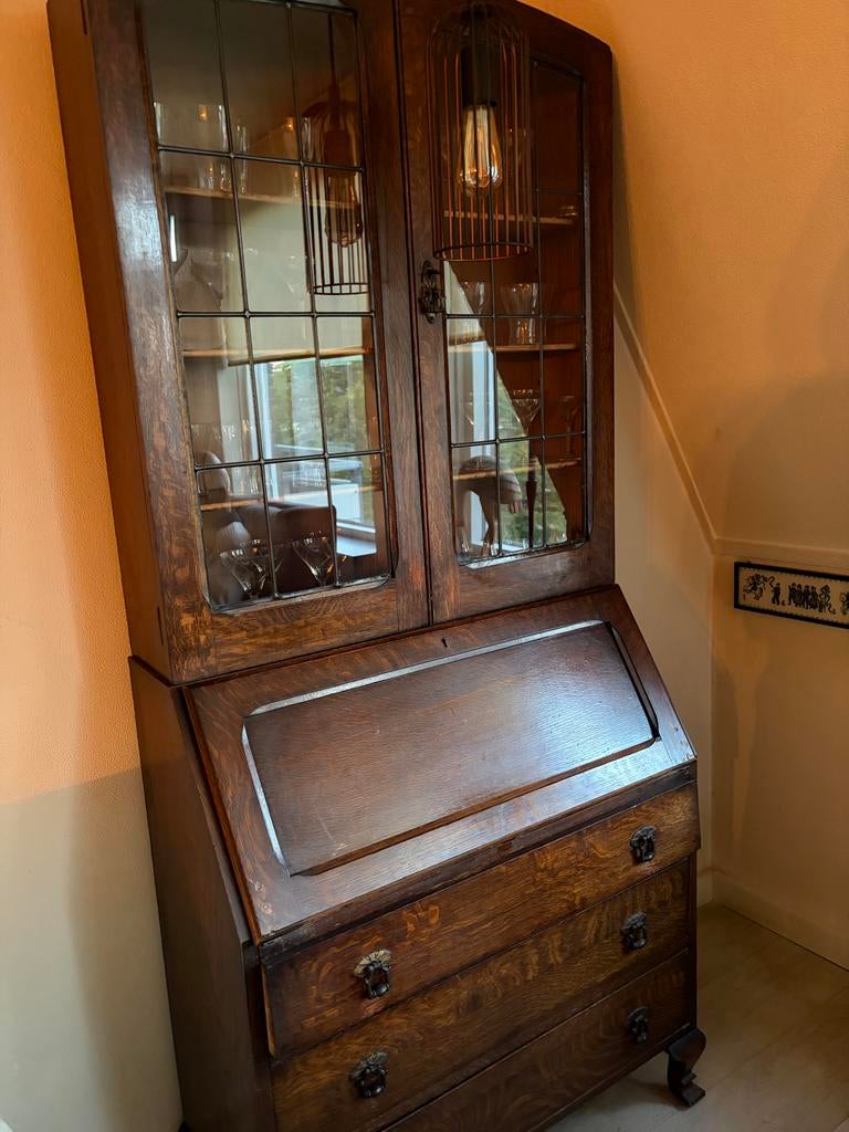 Antieke houten secretaire kast met vitrine, Antiek en Kunst, Antiek | Meubels | Kasten, Ophalen of Verzenden