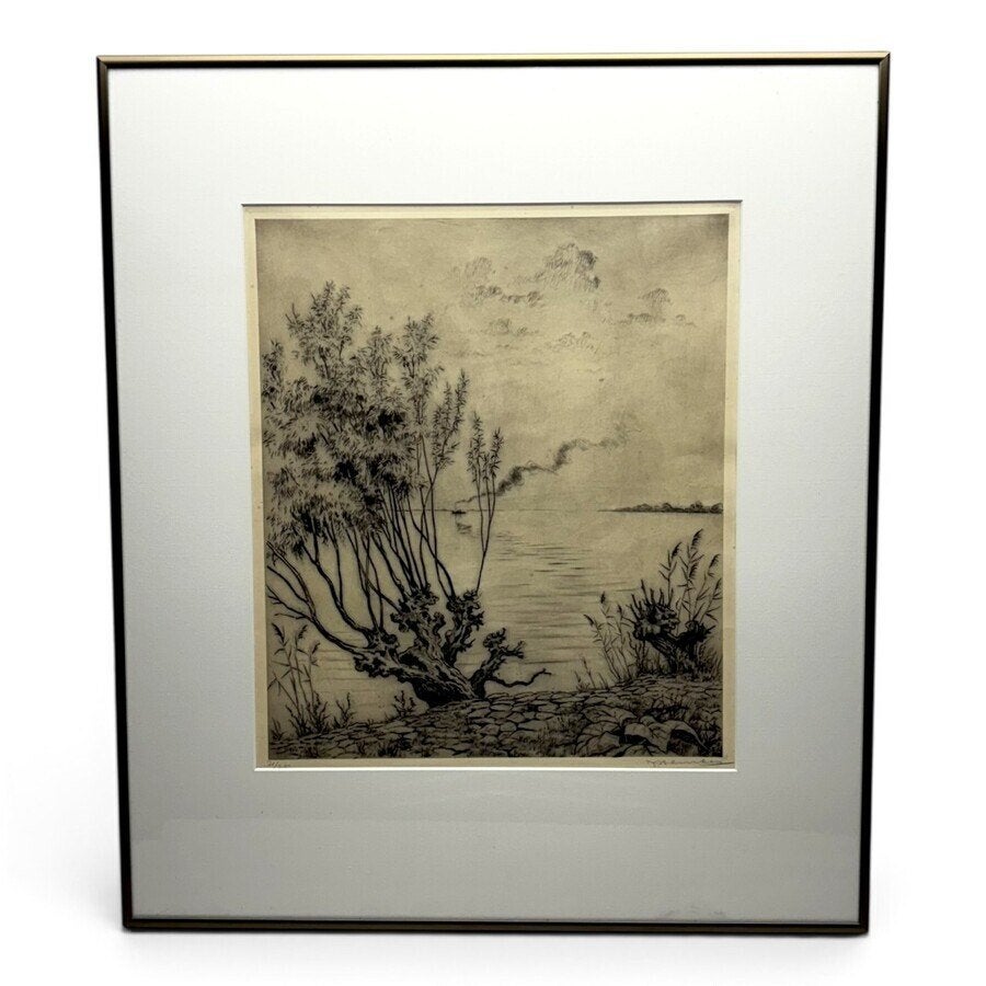 Johan Hemkes (1894-1988) - schip op meer, Ophalen of Verzenden, Landschap, Ets, Genummerd
