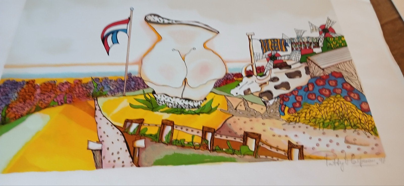 Vrolijke Hollandse Print met Tulpen en Molens, Ophalen of Verzenden, Print, Print/reproductie, Gesigneerd