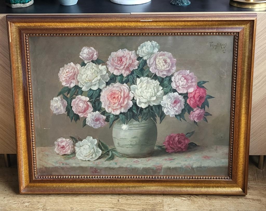 Groot bloemstilleven rozen in gemberpot Frans Kops 1873, Antiek en Kunst, Kunst | Schilderijen | Klassiek, Ophalen