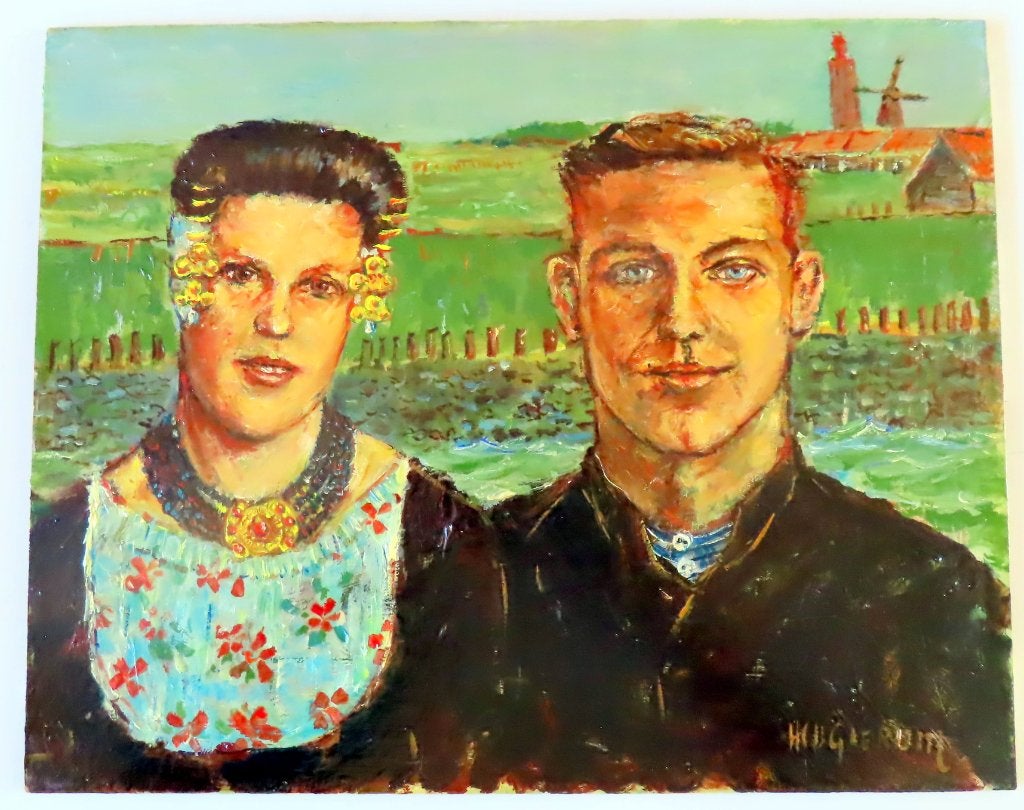Olieverf op board, Westkapelle,Klederdracht man/vrouw,/toren, Antiek en Kunst, Paneel, Verzenden, Portret of Personen, Olieverf