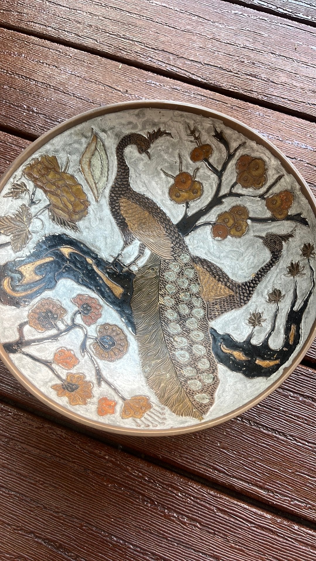 Vintage/ antiek decoratieve schaal met pauw Ø 21,5 cm, Antiek en Kunst, Ophalen of Verzenden