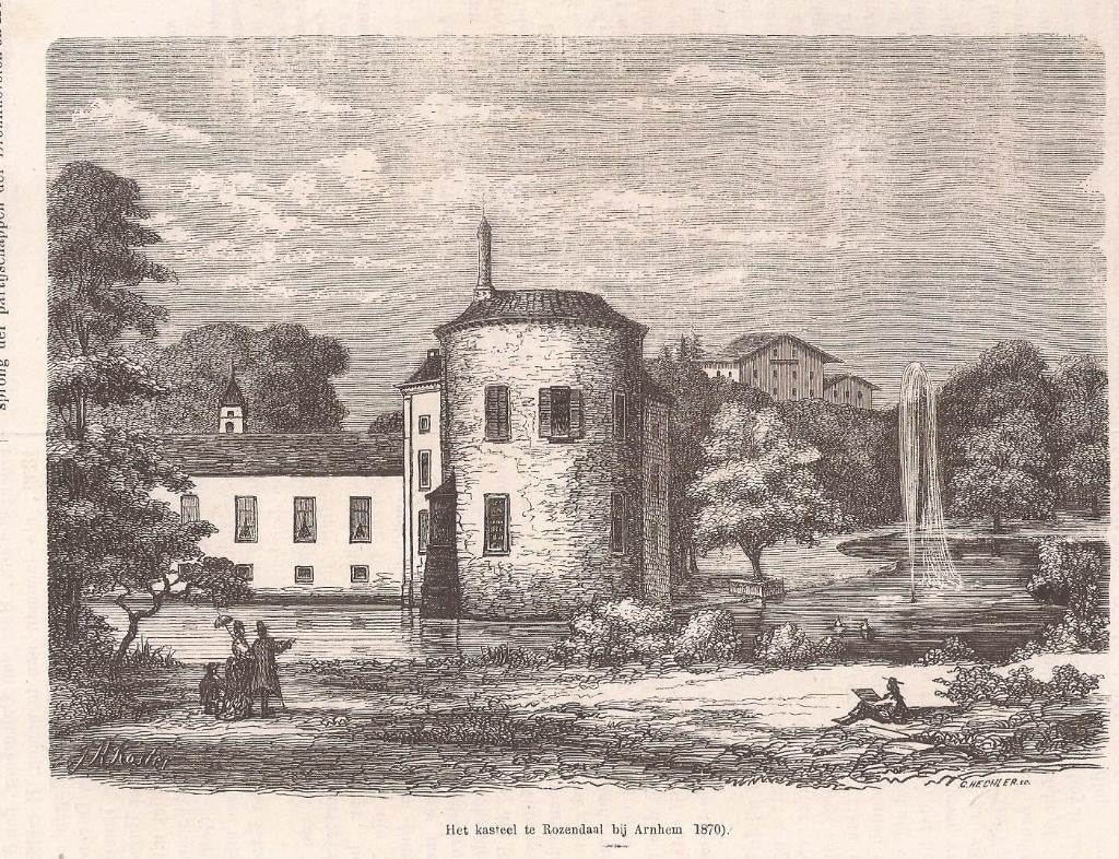 Het Kasteel Rozendaal bij Arnhem (1870) Houtgravure Koster, Antiek en Kunst, Kunst | Etsen en Gravures, Gravure, Gesigneerd, Met tekst