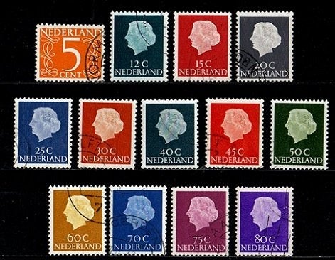 Nederland nr. 465b en 618b-634b gestempeld, Verzenden, Na 1940, Gestempeld