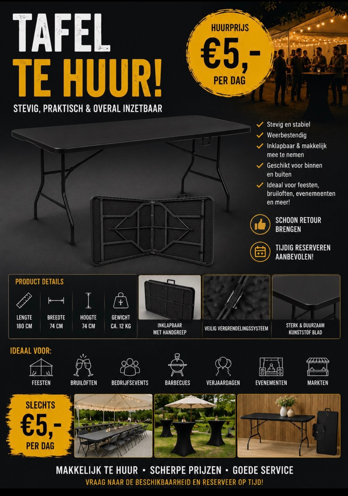 Klaptafel 180 cm te huur, Ophalen of Verzenden, Zo goed als nieuw