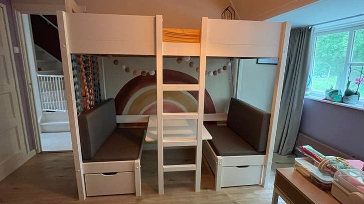 Hoogslaper/stapelbed 200x90 cm met zitje en lades, Ophalen, 85 tot 100 cm, Zo goed als nieuw, Hoogslaper of Stapelbed