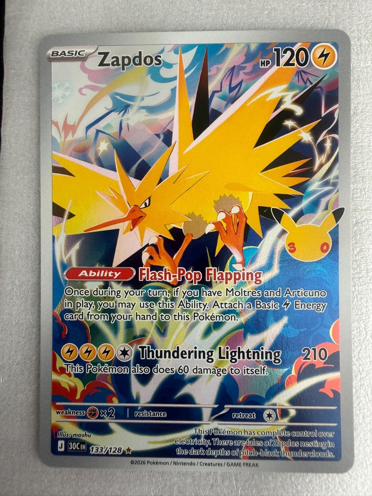 Pokémon Kaart Zapdos 133/128 Celebrations Full Art, Ophalen of Verzenden, Zo goed als nieuw, Losse kaart, Foil