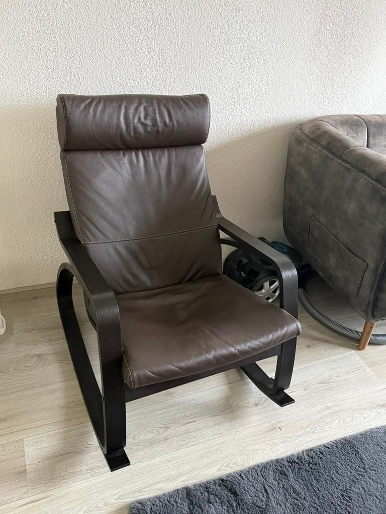 brown IKEA POÄNG leather rocking chair stoel, Ophalen, Zo goed als nieuw, 75 tot 100 cm