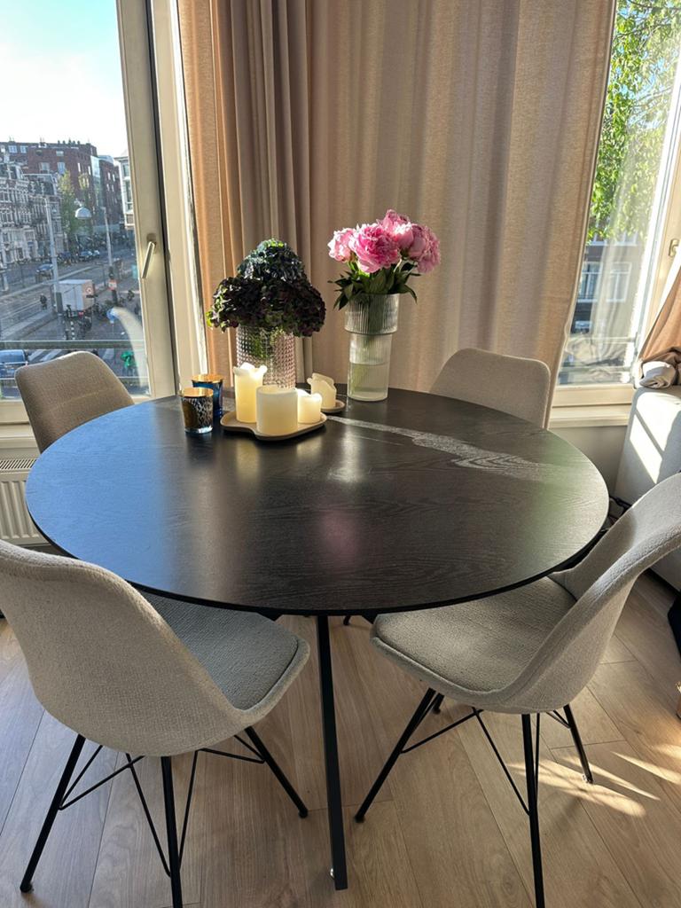 Ronde eettafel hout met stalen poten, verstelbaar, Ø 120cm, Huis en Inrichting, Tafels | Eettafels, Ophalen, Gebruikt, 100 tot 150 cm