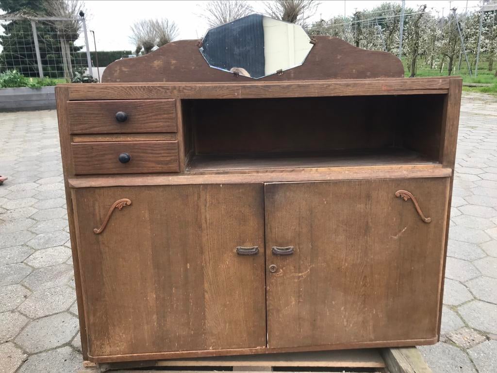 Vintage Dressoir met spiegel van geslepen glas, Gebruikt, Ophalen of Verzenden, Glas, 25 tot 50 cm