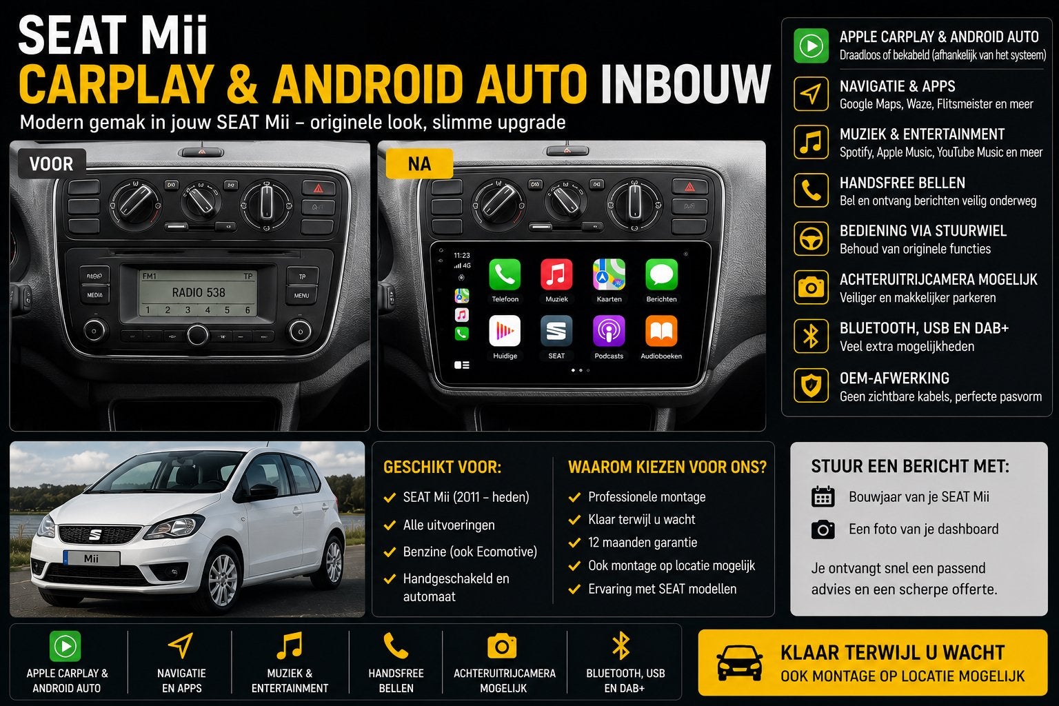 SEAT Mii CarPlay & Android Auto Inbouw, Auto diversen, Autoradio's, Nieuw, Ophalen