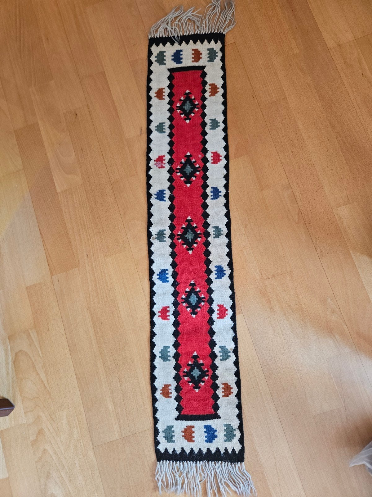 Handgeweven Kelim Loper - Rood met Geometrisch Patroon, Minder dan 50 cm, Gebruikt, 100 tot 150 cm, Kelim, Etnisch, Traditioneel
