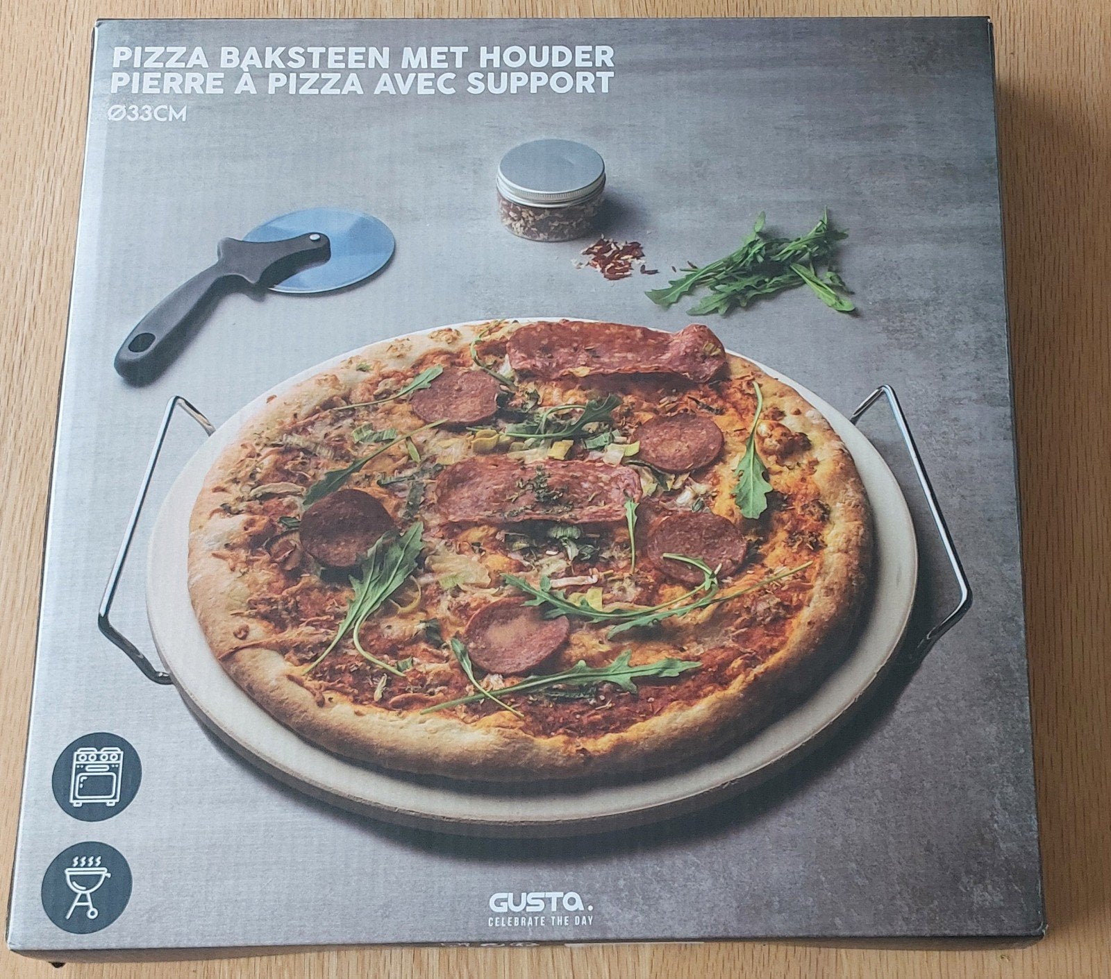 Gusto Pizza Baksteen met Houder Ø33cm, Huis en Inrichting, Beige, Overige typen, Nieuw, Gusta