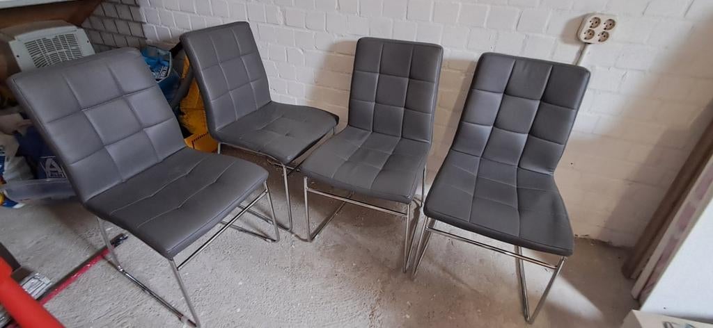 4x Leenbakker Chicago eetkamerstoelen - grijs kunstleder, Ophalen, Overige materialen, Gebruikt, Vier