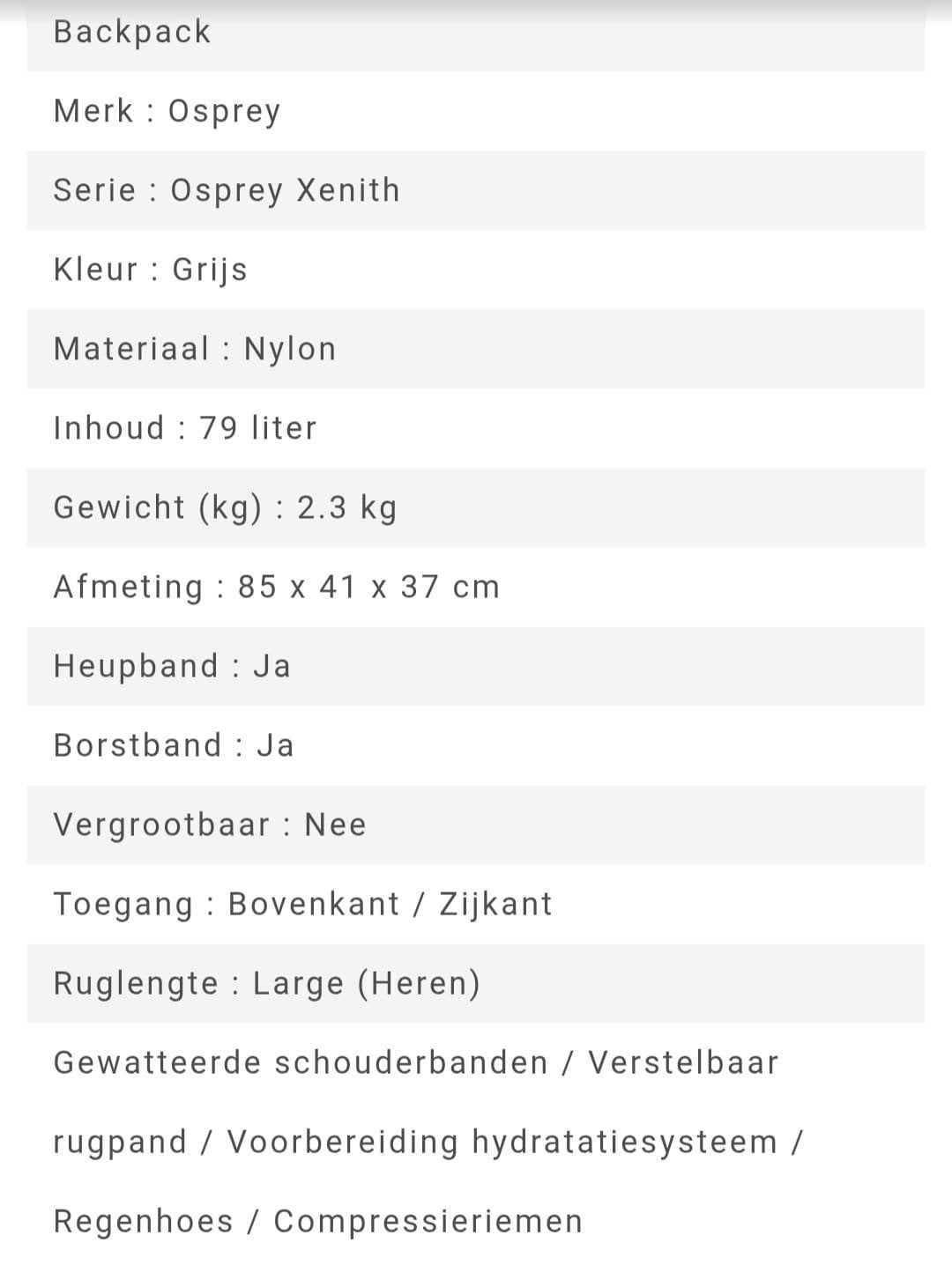 Osprey xenith 75, Sport en Fitness, Bergsport en Wandelen, Ophalen, Zo goed als nieuw, Rugzak