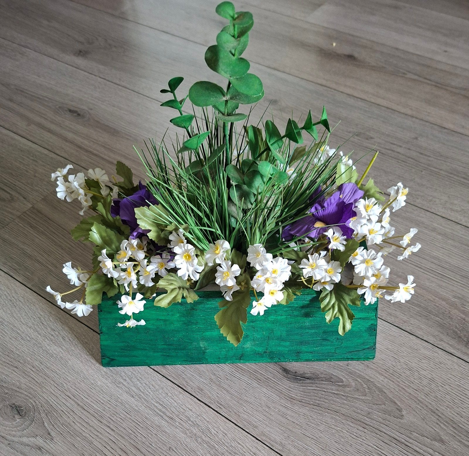 Decoratief bloemstuk kunstbloemen groen paars wit, Ophalen of Verzenden, Nieuw