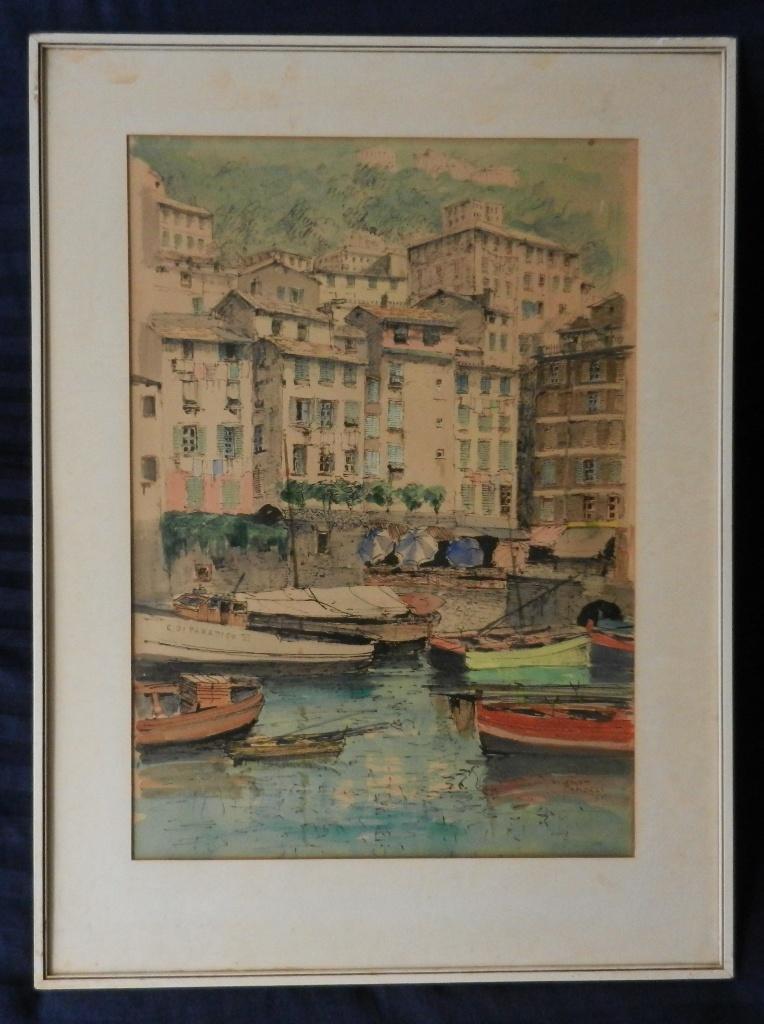 Fraaie aquarel Italiaanse haven Camogli JG den Hengst 50x36, Antiek en Kunst, Kunst | Schilderijen | Klassiek, Ophalen of Verzenden