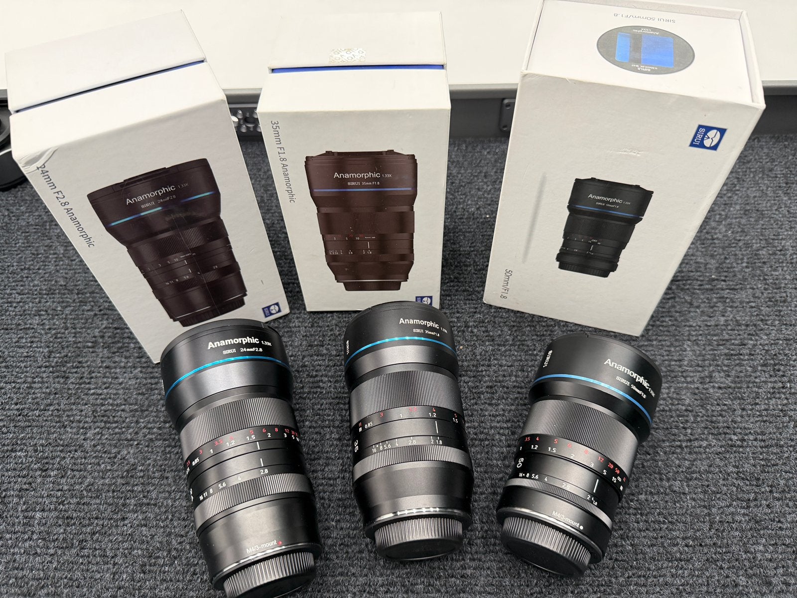 Drie SIRUI 1.33x anamorphic lenzen met Blue Flare, Ophalen, Zo goed als nieuw