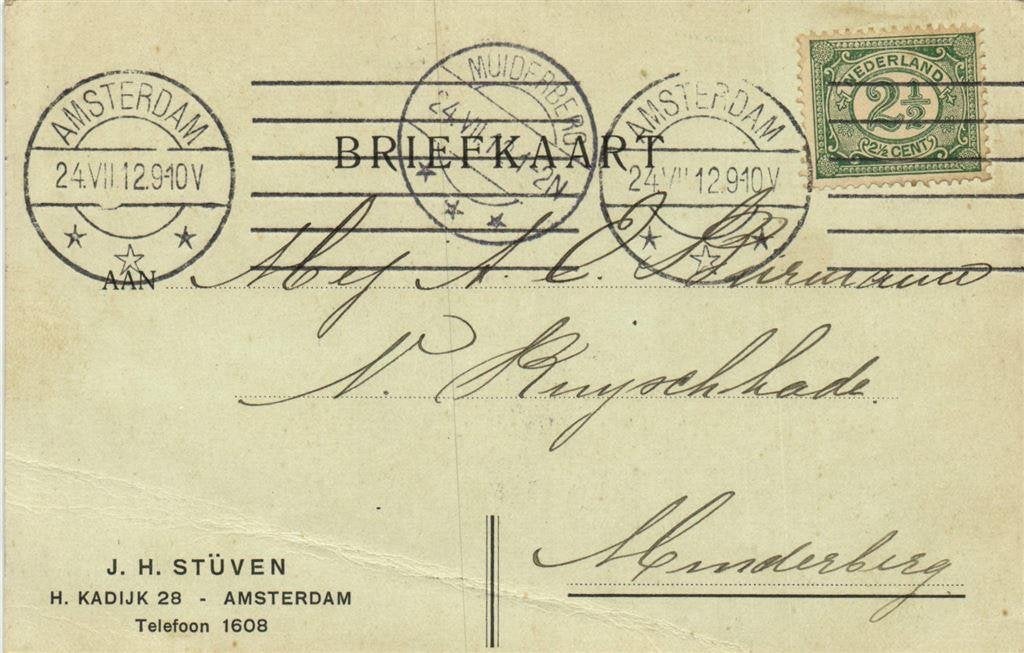 J.H. Stuven, Amsterdam - 07.1912 - briefkaart, Ophalen of Verzenden, Briefkaart