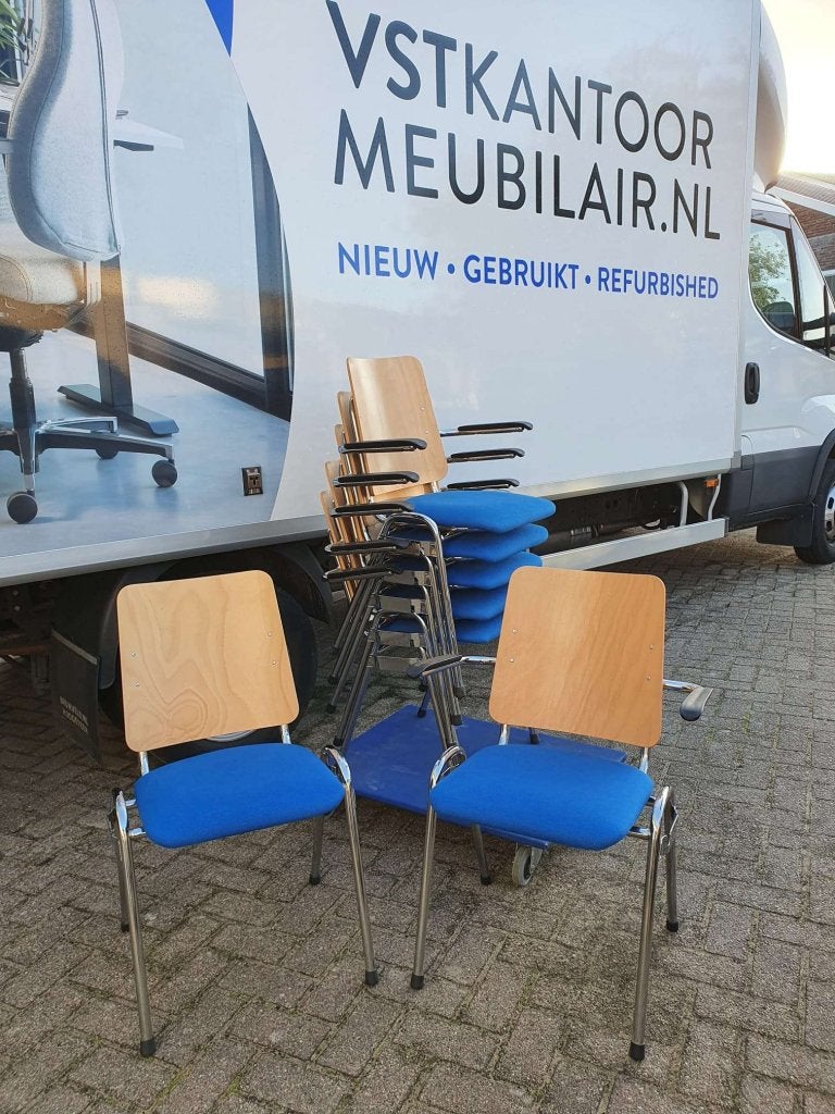 8x kantinestoel / vergaderstoel , stapelbaar en koppelbaar, VST, Blauw, Ophalen of Verzenden, Zo goed als nieuw