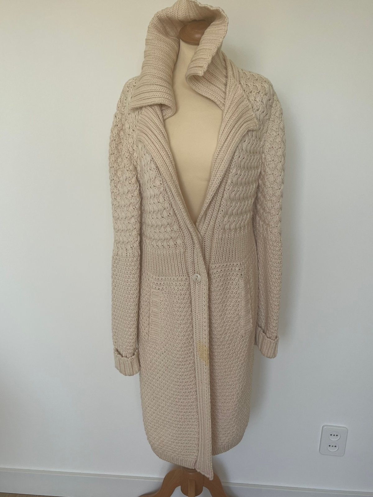 ESCADA Lange Wollen Vest / Cardigan – 100% Scheerwol, Ophalen of Verzenden, Gedragen, Maat 38/40 (M), Beige