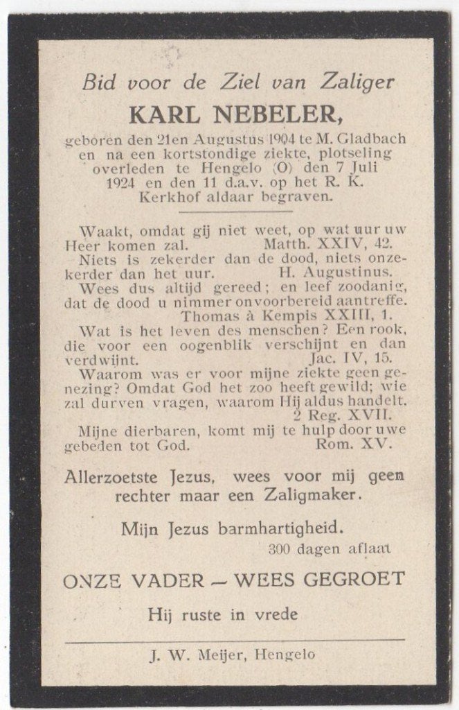 Karl Nebeler 1904 Monchen Gladbach + 1924 Hengelo, 19 jaar, Ophalen of Verzenden