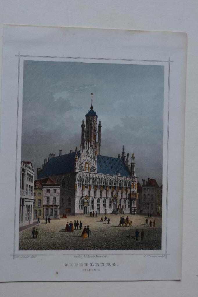 MIDDELBURG STADHUIS Terwen Staalgravure Handgekleurd GY1, Antiek en Kunst, Kunst | Etsen en Gravures, Verzenden