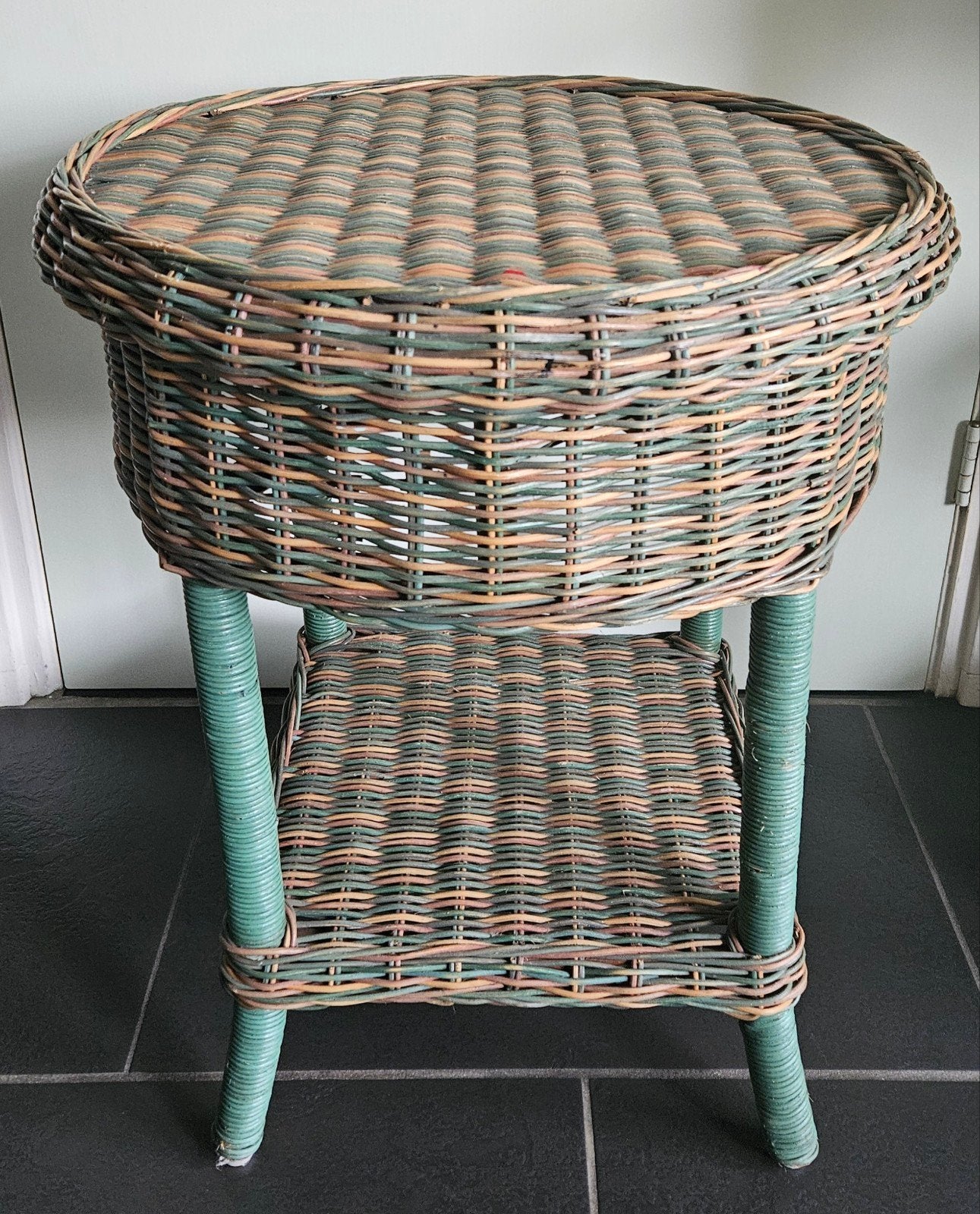 Vintage Rotan Bijzettafel / Plantentafel – Groen & Naturel, Ophalen, Rond, Overige materialen, MCM