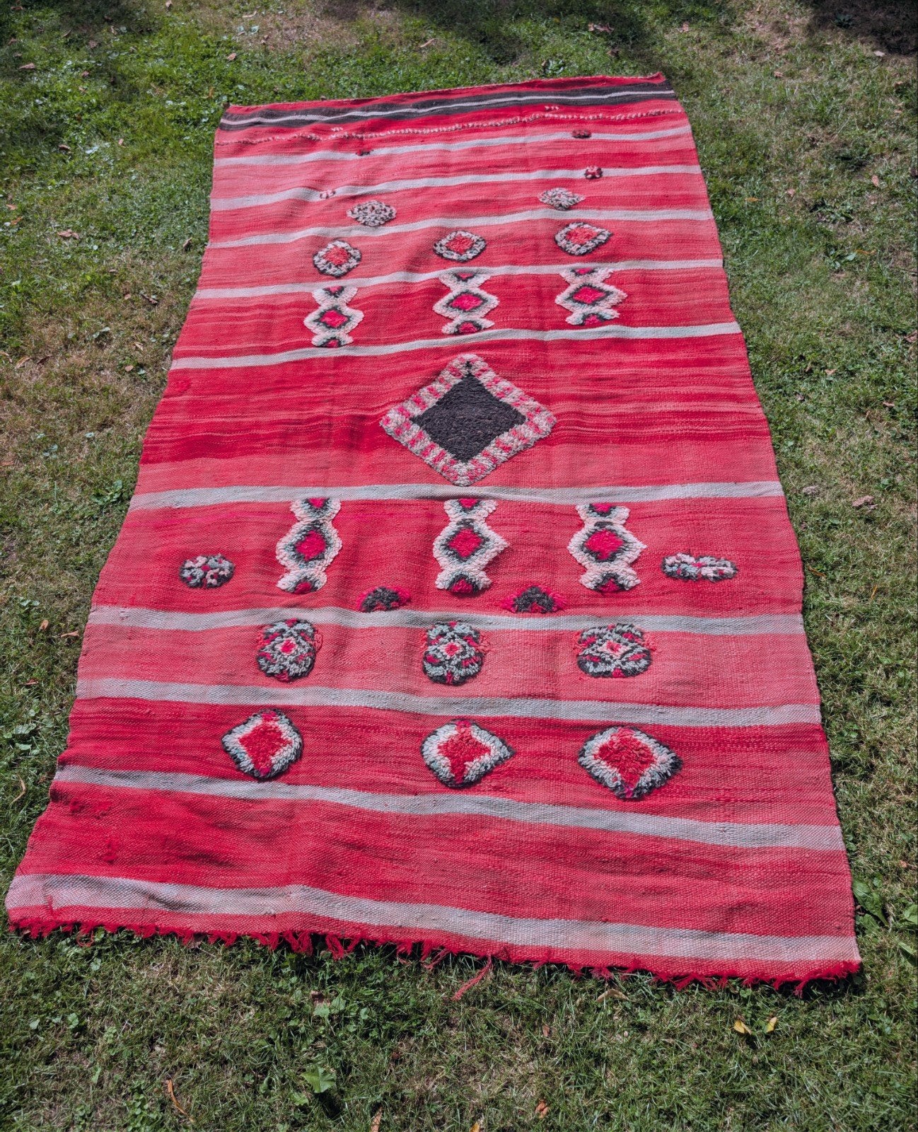 Vintage Handgeweven Berber kelim Tapijt - Rood/roze met patr, Ophalen of Verzenden