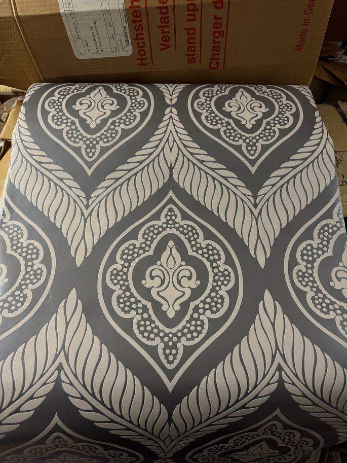 Barok Damast Behang Grijs – Luxury Vinyl, Ophalen of Verzenden, Minder dan 10 m², Grijs, Groot Klassiek Patroon