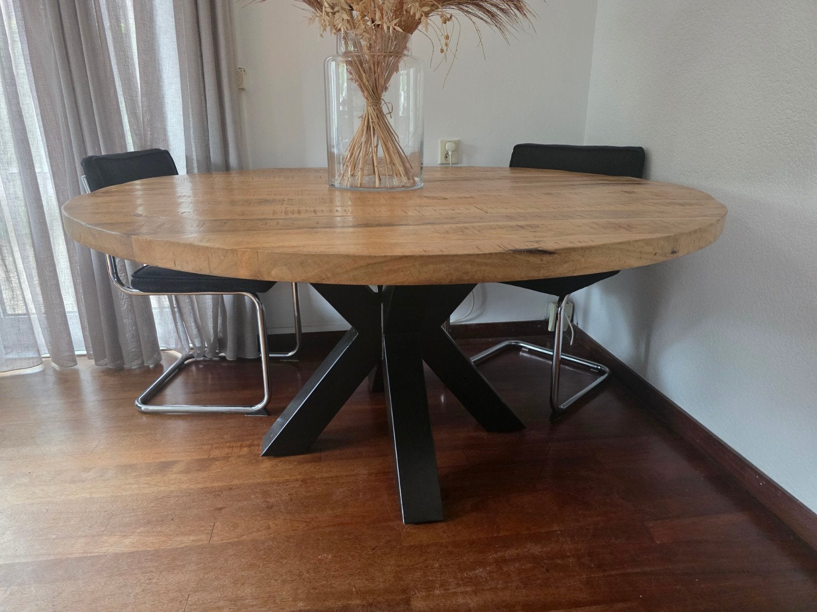 Ronde mangohouten eettafel 150 cm, Ophalen, Gebruikt, 100 tot 150 cm, 150 tot 200 cm