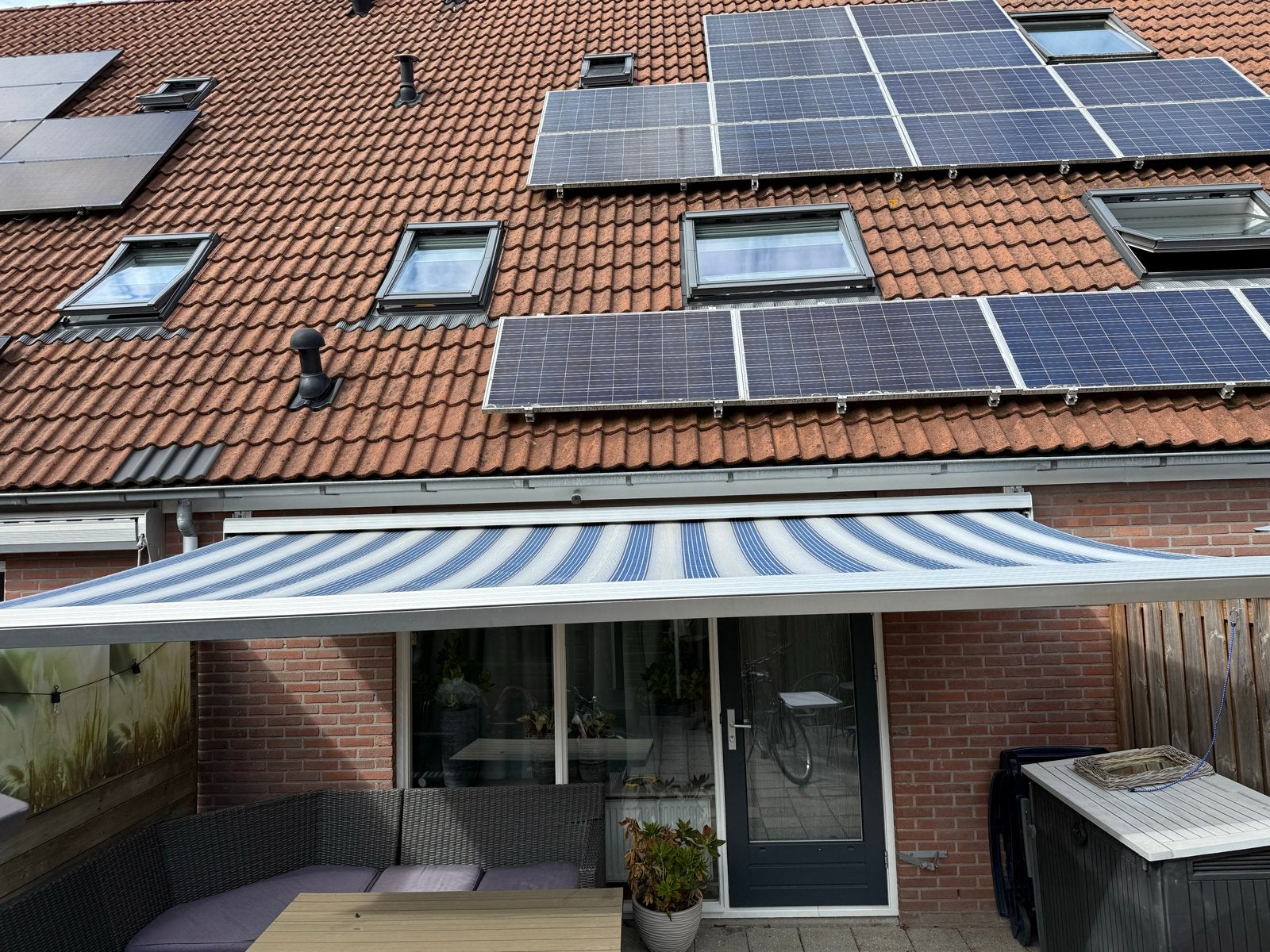 Zonnescherm 4.75 x 2.50 - Elektrisch Knikarmscherm, Ophalen, Gebruikt, 450 cm of meer, Elektrisch