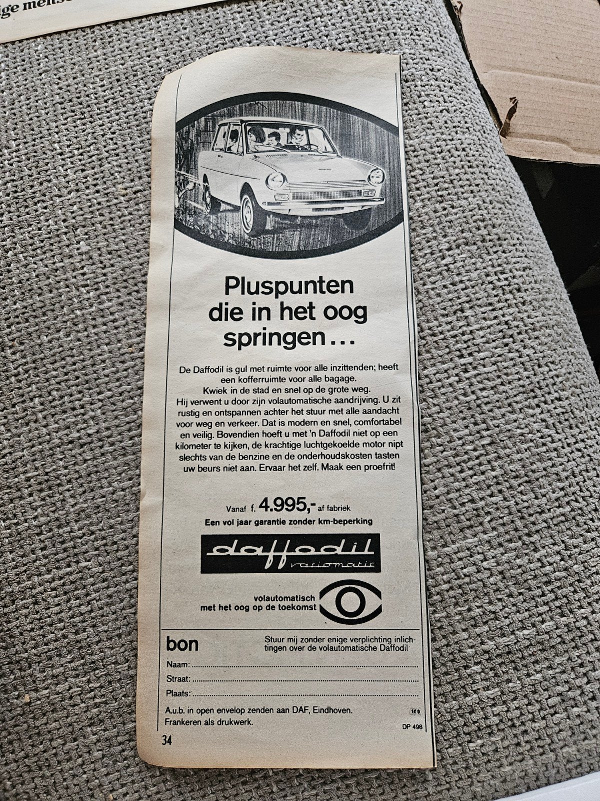 daffodil reclame knipsel, Ophalen of Verzenden, Gebruikt, Auto's