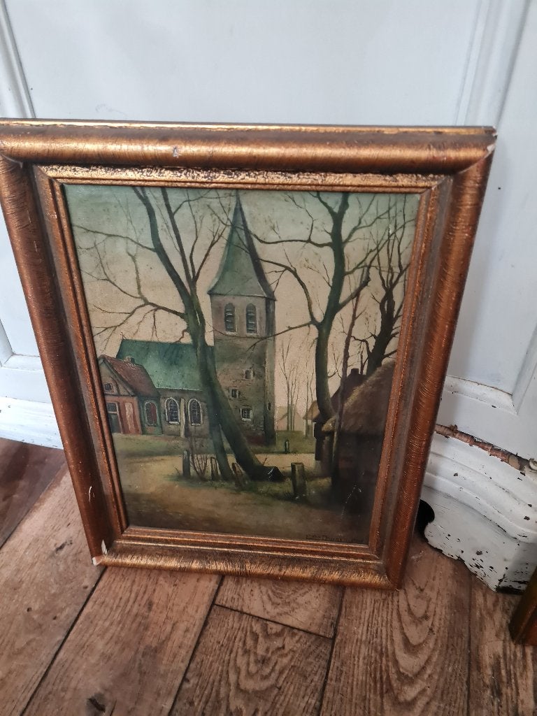 Antiek gesigneerd olieverf schilderij foto 1 t/m 3