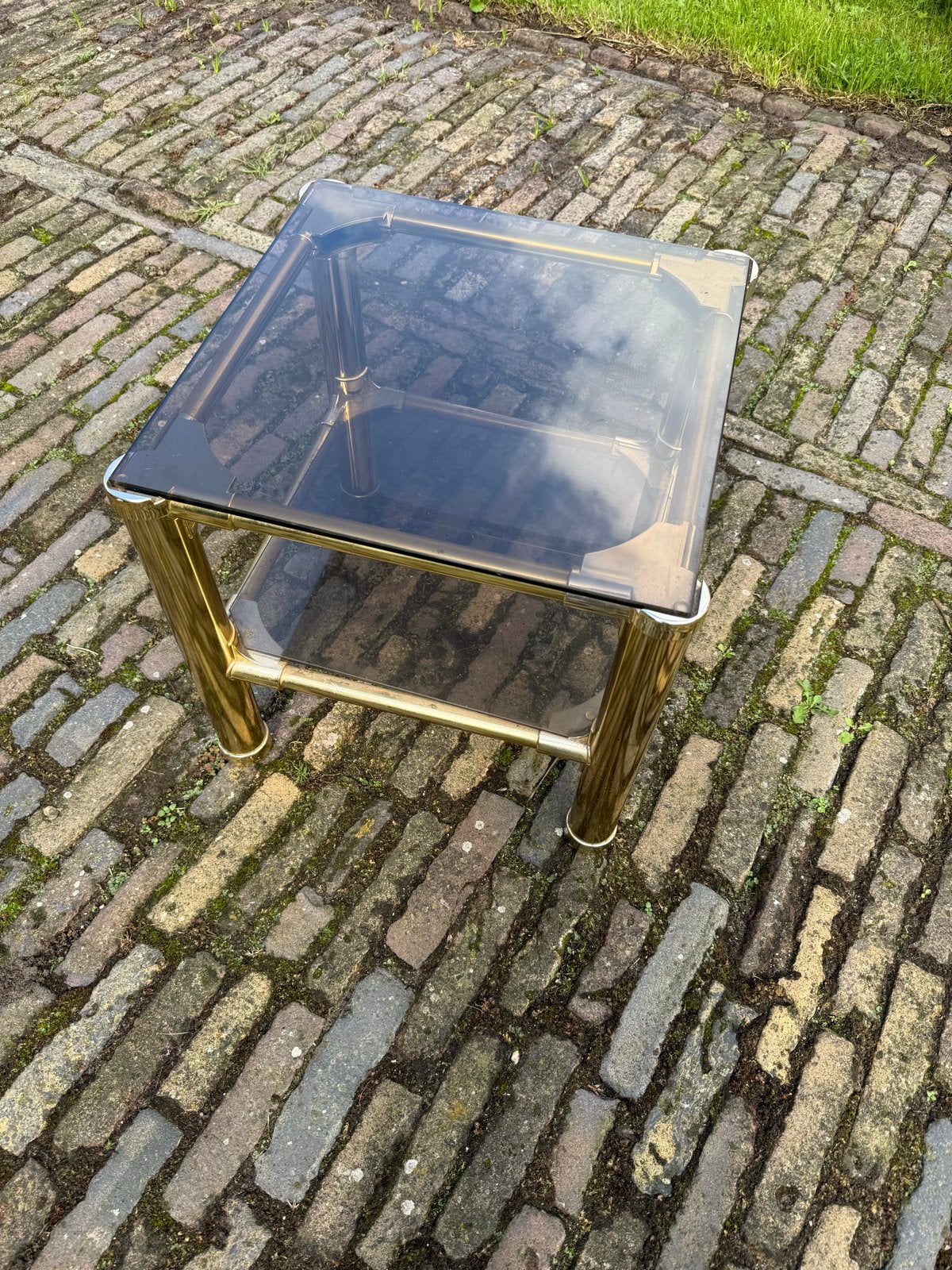 Vintage salontafel met rookglas en messing frame, Ophalen, 50 – 75, Minder dan 50 cm, Gebruikt