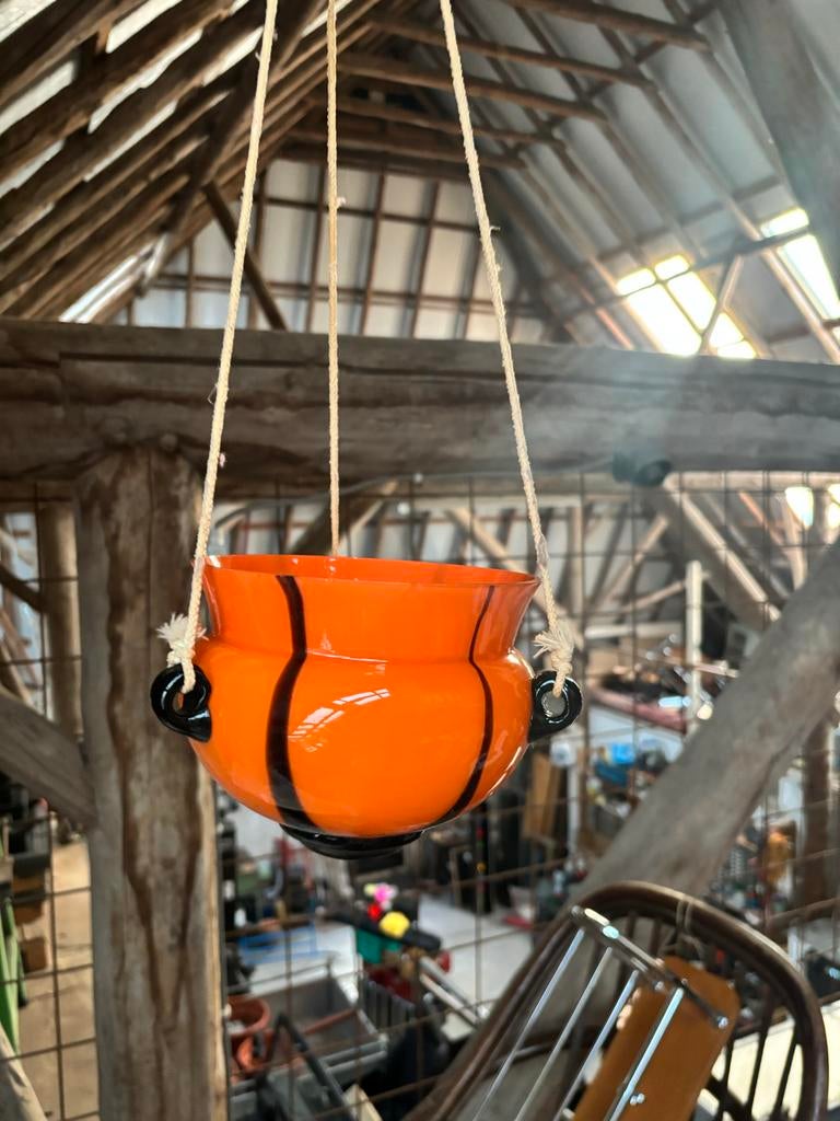 Retro plantenhanger 70's - Oranje met zwart, Overige materialen, Gebruikt, Rond, Binnen