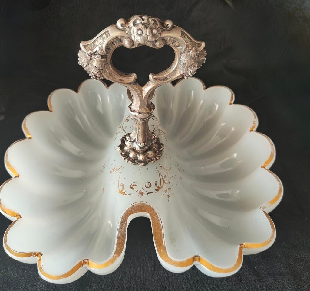 1880 antieke opaalglas bonbon schaal 800 zilveren handvat, Antiek en Kunst, Ophalen of Verzenden