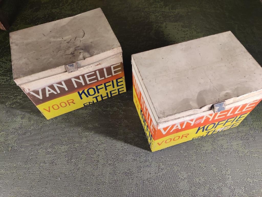 Vintage Van Nelle winkeltrommels ca 1930 reclameblik, Verzamelen, Blikken, Ophalen, Gebruikt, Koffie, Van Nelle