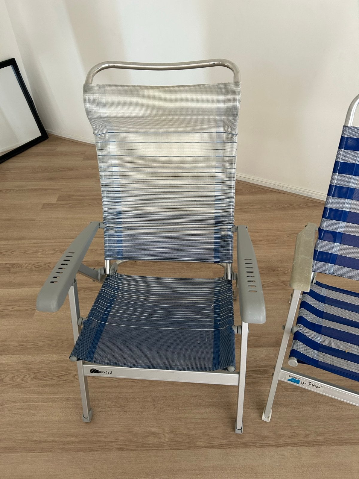 Dukdalf Campingstoel - Blauw/Wit gestreept, Ophalen, Gebruikt, Aluminium, Verstelbaar