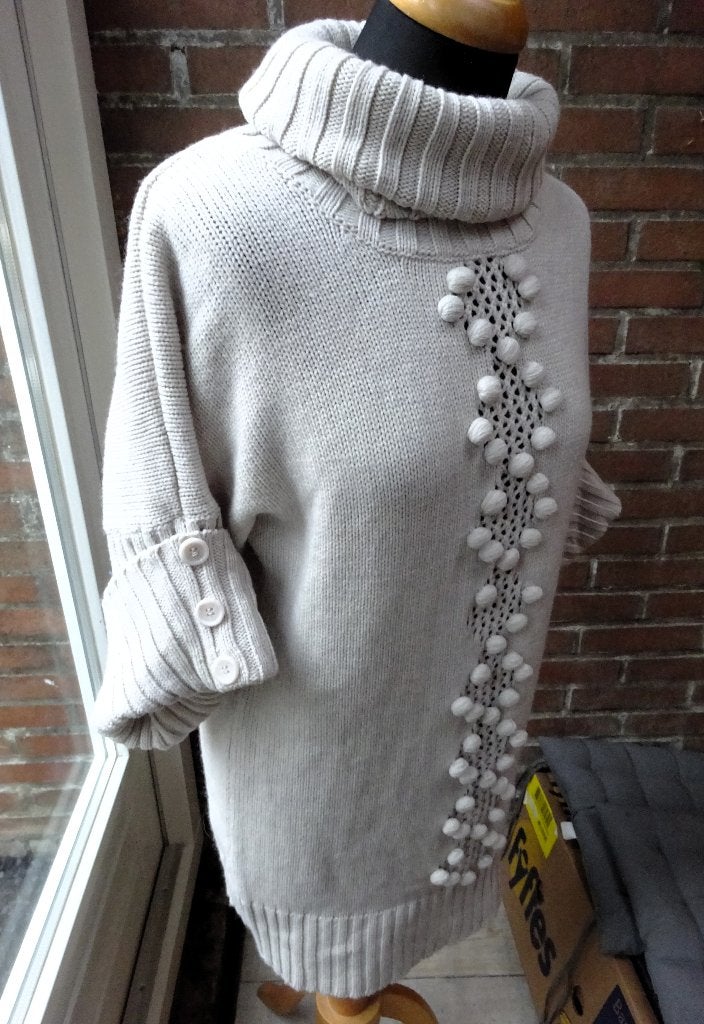 Creme-witte lange 2 Bizzy kol trui met bolletjes maat L, Verzenden, Maat 42/44 (L), Gedragen, Wit