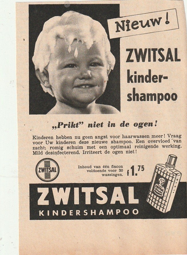 Retro reclame 1956 Zwitsal kinder shampoo niet meer huilen, Verzenden, Overige typen