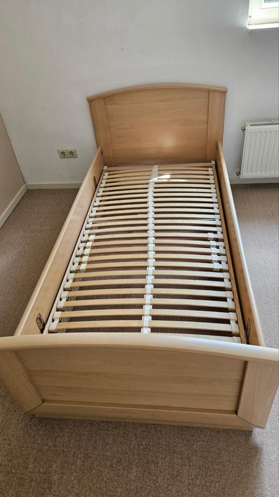 1 persoons houten bed, Ophalen, 90 cm, Eenpersoons, Wit