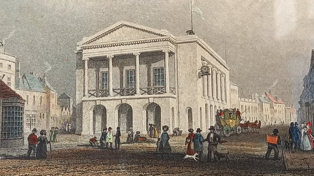 Mooie antieke ingelijste Engelse gravure van Newport 23,7 cm, Handgekleurd, 1800 - 1899, Stadsgezicht, Ophalen of Verzenden