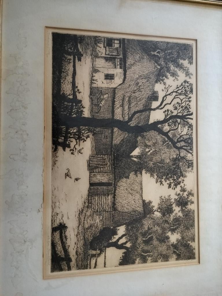 Schilderij met boerderij en bomen, Antiek en Kunst, Ophalen, Ingelijst, Ets, Landschap