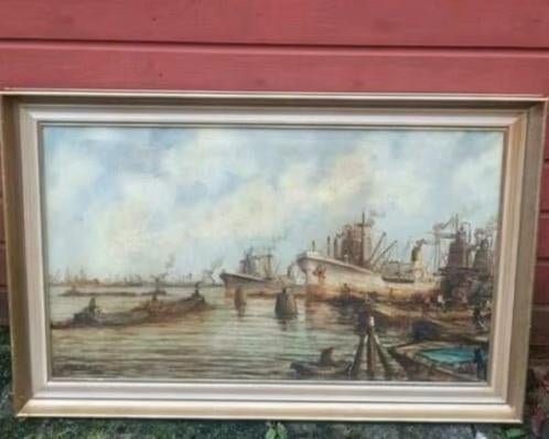 groot  schilderij Haven Rotterdam Wim Bos (1906-1974), Antiek en Kunst, Ophalen