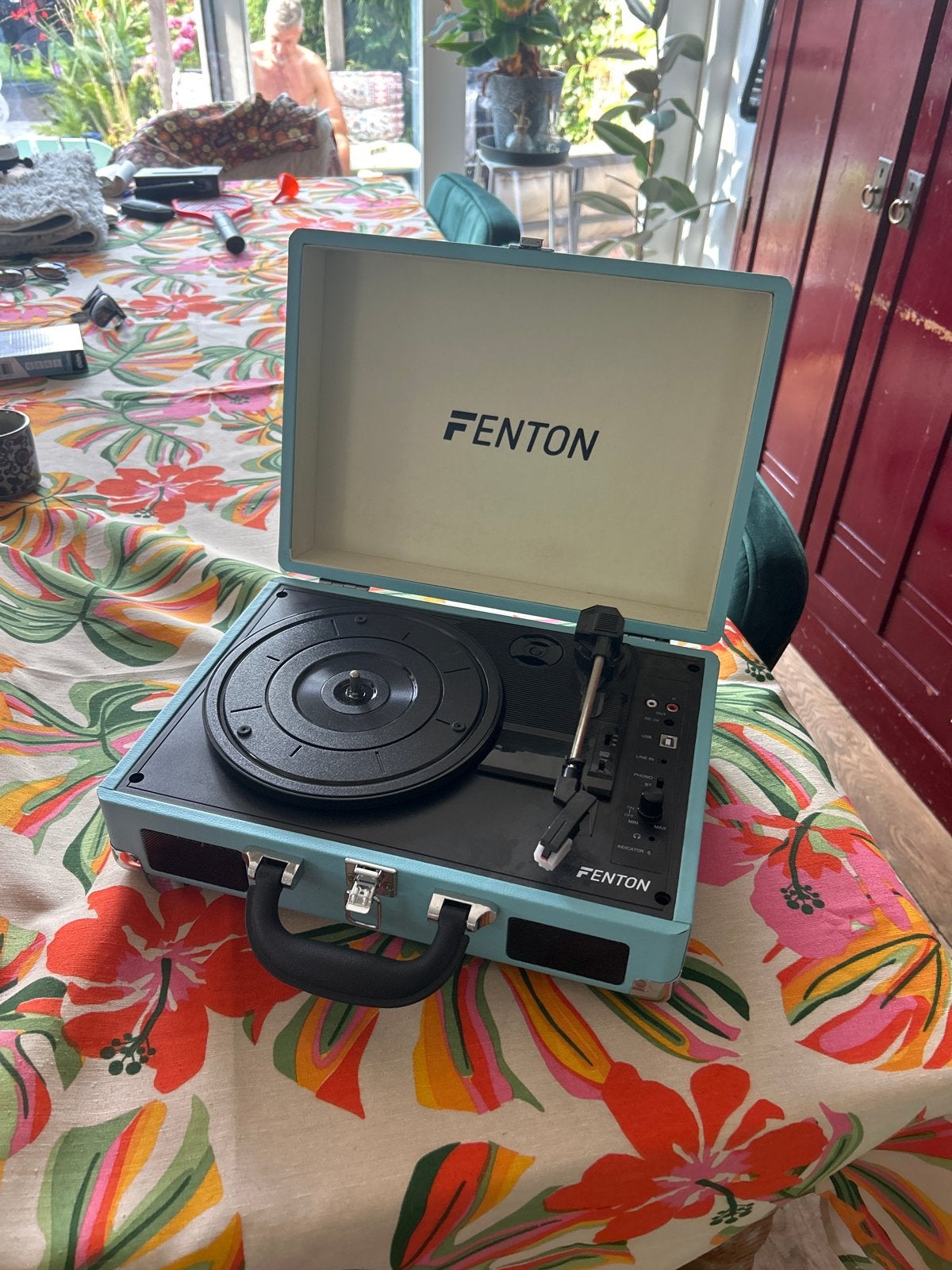 Fenton platenspeler in kofferdesign - Lichtblauw, Audio, Tv en Foto, Platenspelers, Ophalen of Verzenden, Gebruikt, Platenspeler