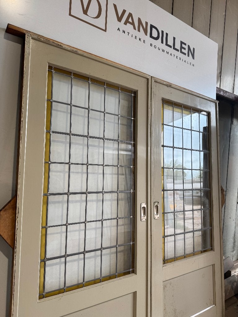 Antieke ensuite schuifdeuren glas in lood 210 x 174 cm, Gebruikt, 120 cm of meer, Binnendeur, Ophalen of Verzenden
