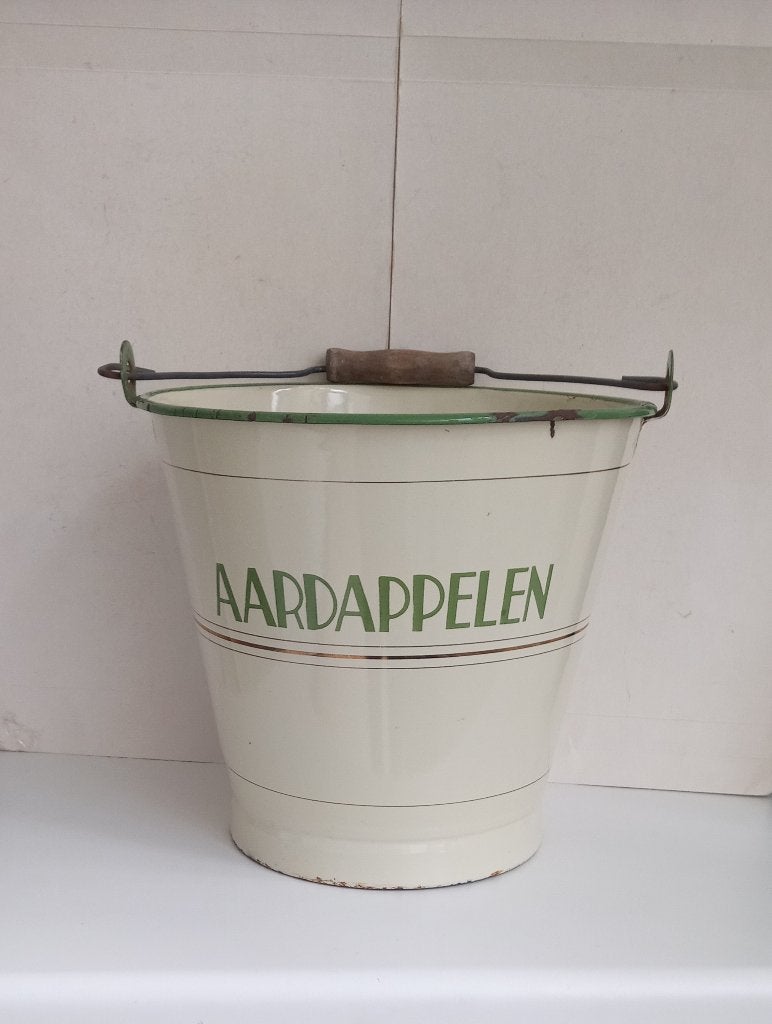 Zeldzaam klein emaille aardappelen emmer beige reseda let, Antiek en Kunst, Antiek | Emaille, Ophalen of Verzenden